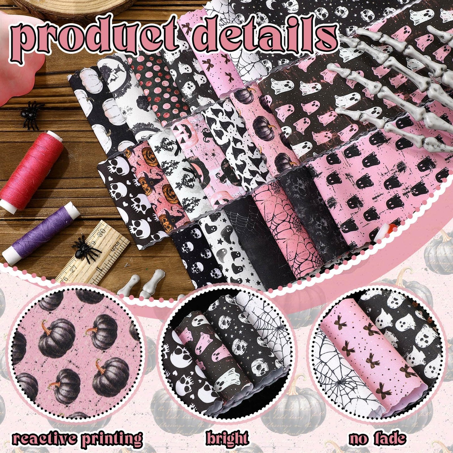 Hosuly 40 Pcs Pink Halloween Fabric Vintage Pumpkin Crow Skull Ghost Spiderweb Quilting Fabric Patchwork Roll Halloween Quilting Strips 2.55 Inch Precut for Sewing Material DIY Crafts