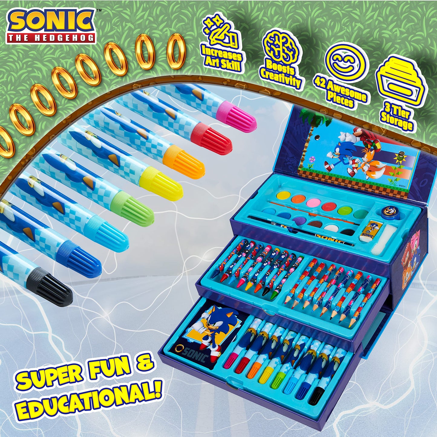 Sonic The Hedgehog Art Set for Girls Boys Colouring Sets for Children 40 Plus Pieces Travel Set Carrying Handle Painting Sets for Children Art Supplies Gifts for Boys