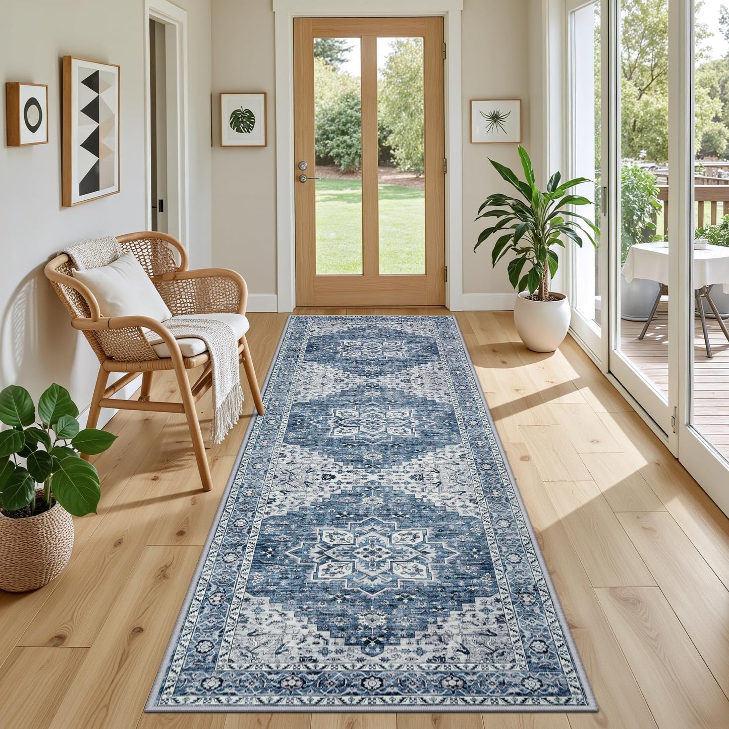 Hallway Runner Rug Non Slip - Washable 2.6x8 Kitchen Rugs for Living Room, Low-Pile Soft Bedroom Rug Indoor Floor Stain Resistant Carpets for Entryway, Laundry, Bathroom Blue