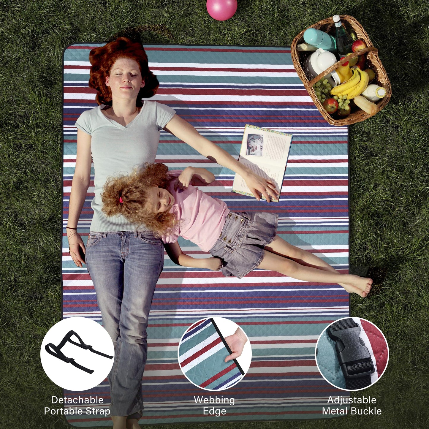 HX&OD Extra Large Picnic Blanket Outdoor 80”x80” Waterproof Picnic Mat Foldable 3-Layer Camping Blanket Portable with Carry Strap Park Blanket for Grass(Red)