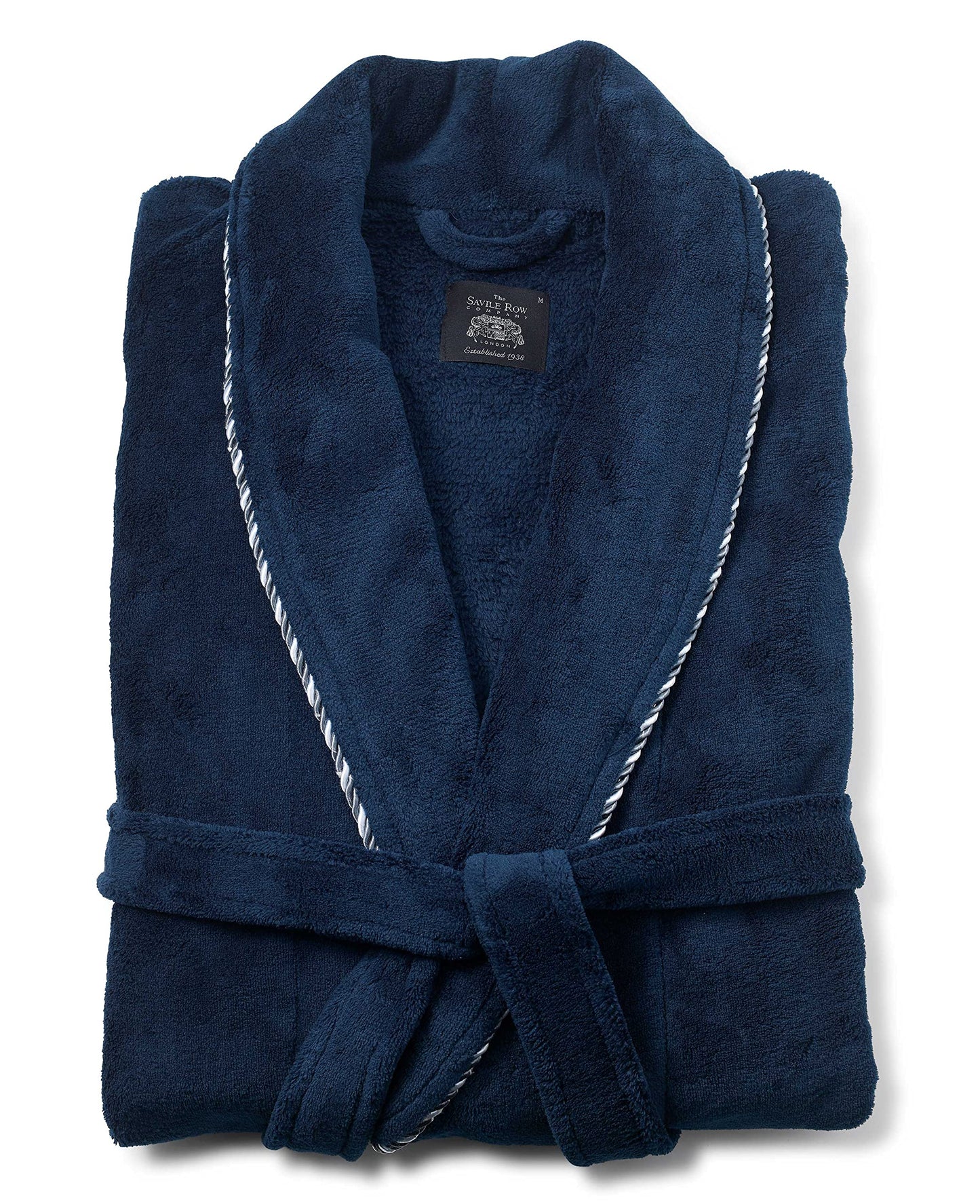 THE SAVILE ROW COMPANY LONDON Men's Lightweight Super Soft Warm Fleece Bath Robe Dressing Gown - Navy Rope Edge Plain - Large