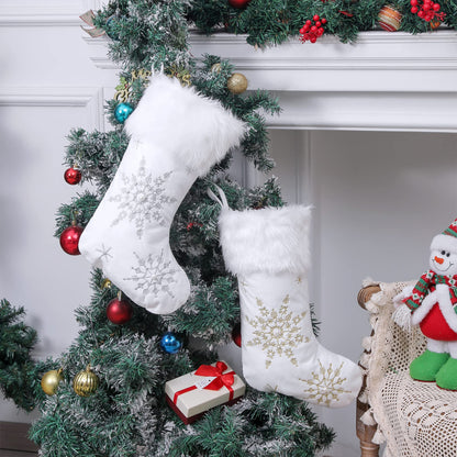 Mencly White Christmas Stockings, Set of 2 White Stockings for Christmas, 18” Large Christmas Stockings with Plush Faux Fur Cuff, Family Xmas Hanging Stockings Decorations (Silver & Gold Snowflake)