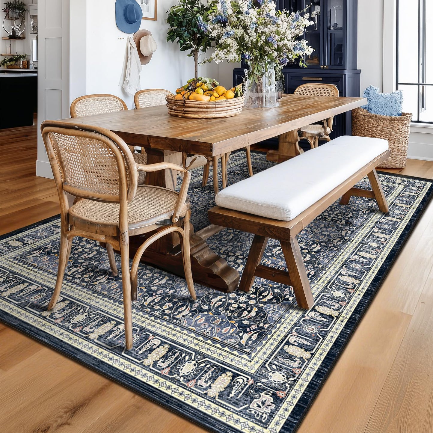 Jainmy Dark Blue 5x7 Area Rugs for Living Room Bedroom, Transitional Boho Moroccan Floral Trellis Printed, Washable Non Slip Low Pile Ultra Thin Soft Carpet Rugs for Dining Room/Kitchen/Home Office