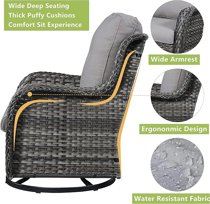 Rilyson Wicker Patio Furniture Set - 6 Piece Rattan Outdoor Sectional Conversation Sets with 2 Rocking Swivel Chairs,2 Ottomans and 2 Sofa for Porch Deck Garden(Mixed Grey/Grey)