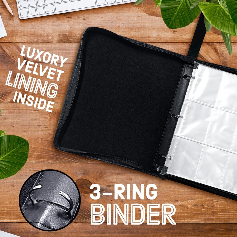 Anime Inspired Trading Card Binder with PU Leather Cover, Zipper & Handle, 9 Pocket Double Sided Pages Fits 900 Cards, 3 Ring Collector Binder for Standard Size Cards, 13"x10.5"x1.8"