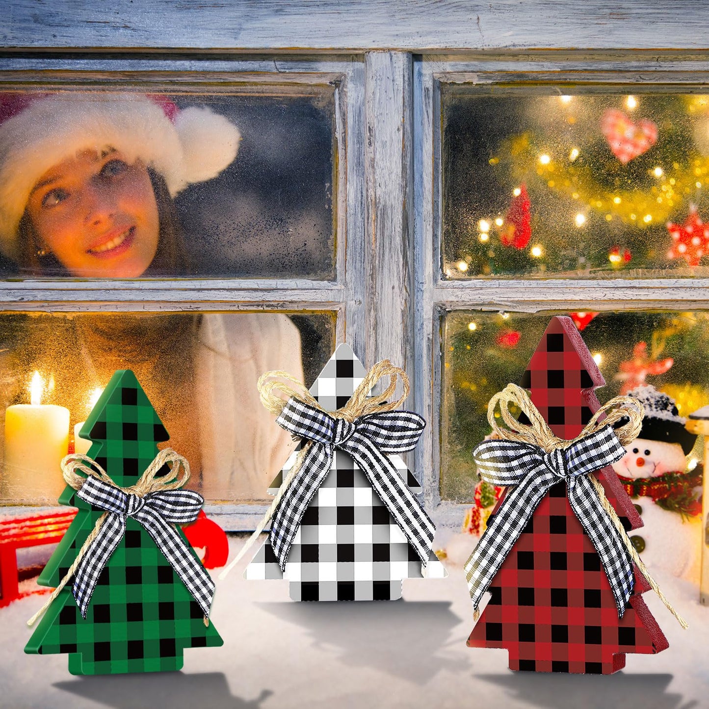 Yookeer Christmas Decor 3 Pieces Wood Table Rustic Christmas Tree Farmhouse Wooden Xmas Centerpiece for Small Table Xmas Trees Red Green Tiered Tray Party Decoration(Buffalo Plaid Style)