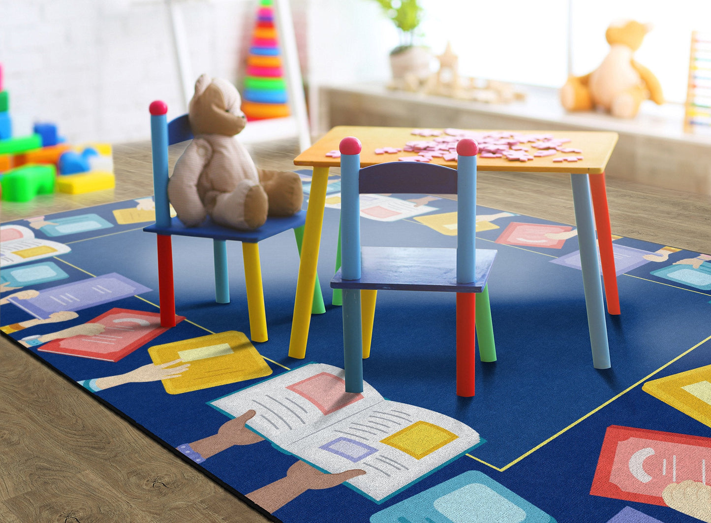 Flagship Carpets Book Border Multicolor Children's Educational Rug for Classroom Reading Area or at Home Activity and Learning Space, 7'6" x 12', Rectangle
