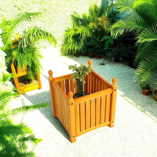 VeroFree Wooden Outdoor Square Planter Box – Black Elevated Flower Herb Pot for Porch, Patio, Deck Raised Container for Vegetables Plants (Teak, 15.75x15.75x18.5 in)