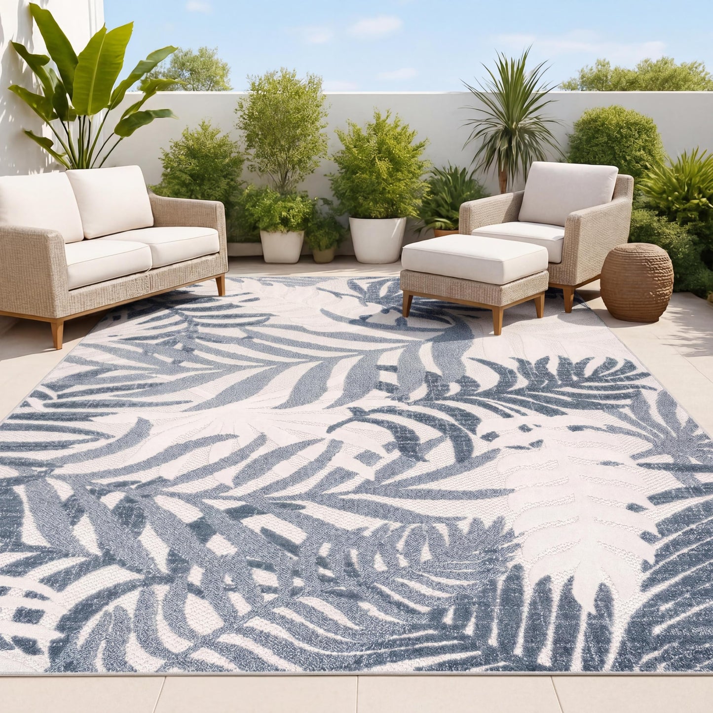 JONATHAN Y Tropics Palm Leaves Indoor Outdoor Area Rug 8X10 Cream/Dark Blue, Boho for Backyard, Patio, Porch, Easy-Cleaning, High Traffic, Pet-Friendly, Non-Shedding (AMC100F-8)