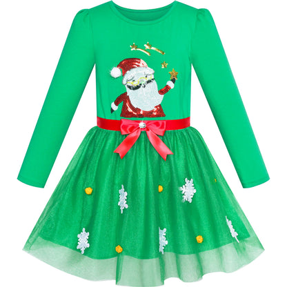Sunny Fashion Girls Dress Christmas Santa Snow Long Sleeve Holiday Dress Size 7