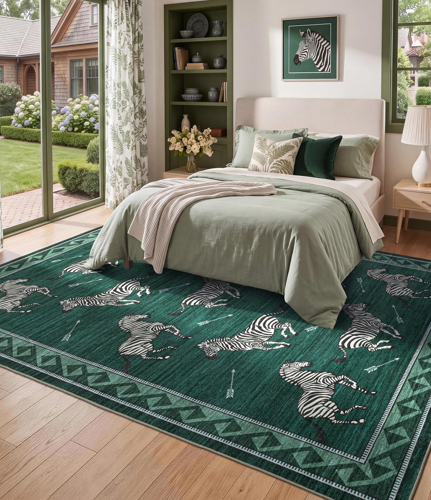 YIHOUSE Green Zebra Area Rugs 5×7, Washable Animal Print Rug with Southwestern Border, Non-Slip Low Pile Mid-Century Modern Carpet for Living Room, Bedroom, Dining Room