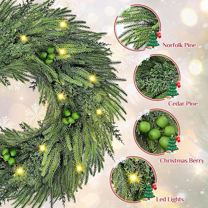 24 Inch Christmas Wreaths for Front Door, Real Touch Norfolk Pine Wreath Large Christmas Wreath with Lights, Winter Wreaths Christmas for Outdoor Indoor Windows Xmas Decor