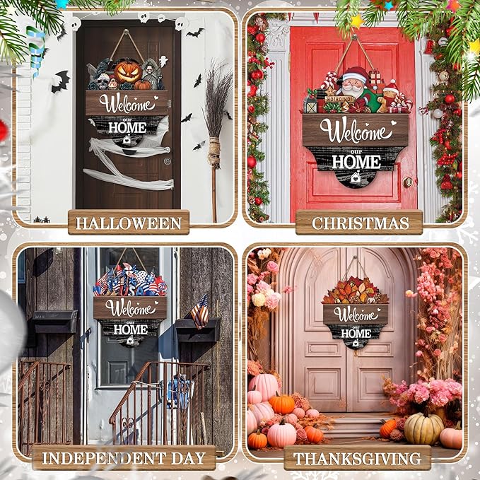 Yousoontic 17 Pcs 12 Inch Magnetic Welcome Door Sign Interchangeable Front Door Decor Rustic Fall Seasonal Hanging Sign Halloween Christmas Decor for Home Warming Gift