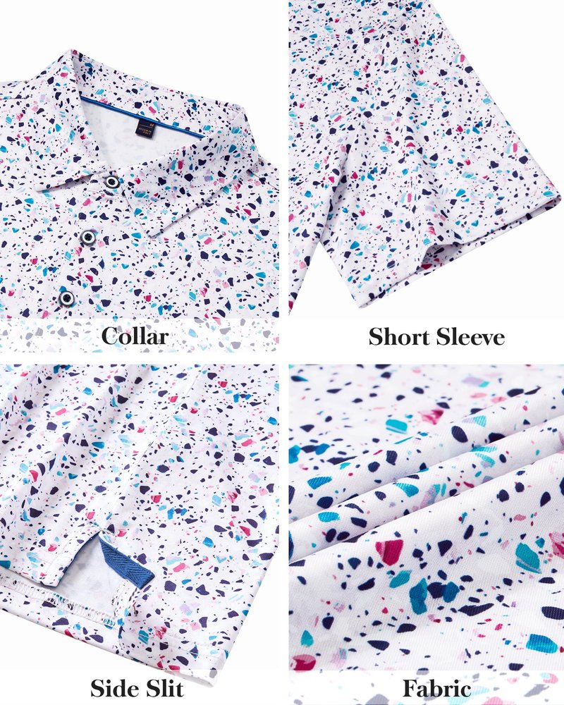 DEMEANOR Mens Golf Shirt Short Sleeve Dry Fit Performance Moisture Wicking Casual Polos Collared Polo Shirts White Dots 2XL