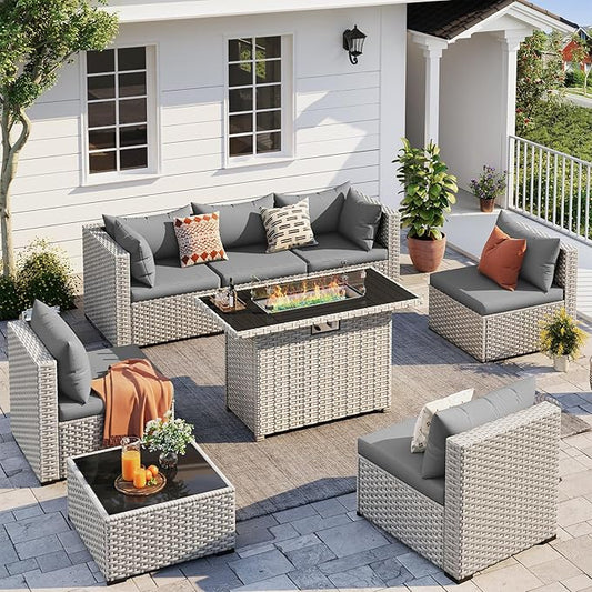 UDPATIO Patio Furniture Set with Fire Pit Table, 8 Pieces Outdoor Sectional Sofa, PE Wicker Patio Conversation Set for Garden, Backyard Grey