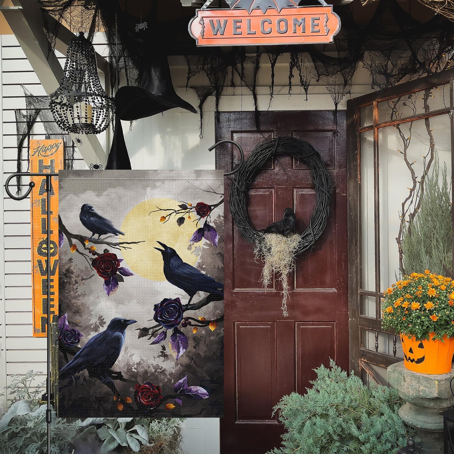 Louise Maelys Halloween Crow Garden Flag 12x18 Double Sided, Burlap Small Welcome Boo Halloween Floral House Flags Seasonal Holiday Outdoor Outside Decor (ONLY FLAG)