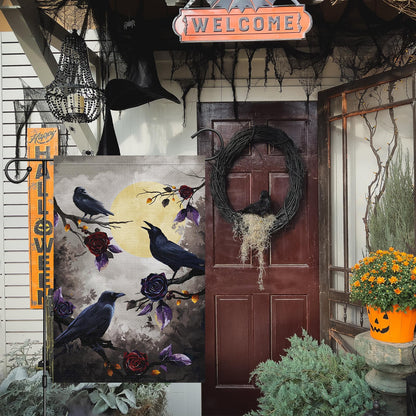 Louise Maelys Halloween Crow Garden Flag 12x18 Double Sided, Burlap Small Welcome Boo Halloween Floral House Flags Seasonal Holiday Outdoor Outside Decor (ONLY FLAG)