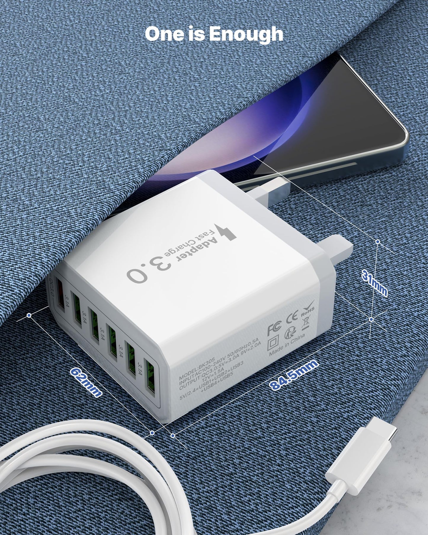 Tupneuf 33W USB Plug Fast Charge, 6-Port Multi Charger Plug UK Charging Power Adapter Multiple Quick Charge 3.0 Wall Mains Plug for iPhone 16 15 14 13 12 11 Pro Max X XR XS 8 7 6 6S Plus 5 5S SE, iPad