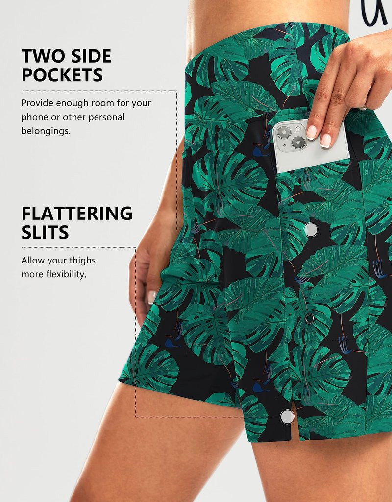 Women's 7" Long Swim Board Shorts High Waisted Quick Dry Beach Swimming Shorts for Women with Liner Pockets(Leaf,XL)