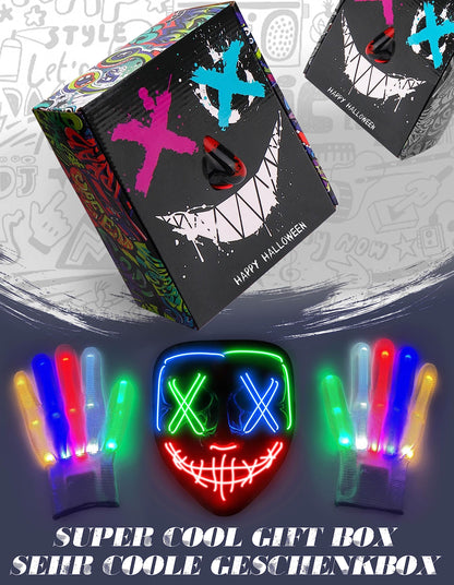 New Halloween LED Mask & Gloves in Multiple Light Modes, The Purge Mask Purge Costume, Light up Neon Gloves, Halloween Costumes for Women Kids Girls - Multicolor