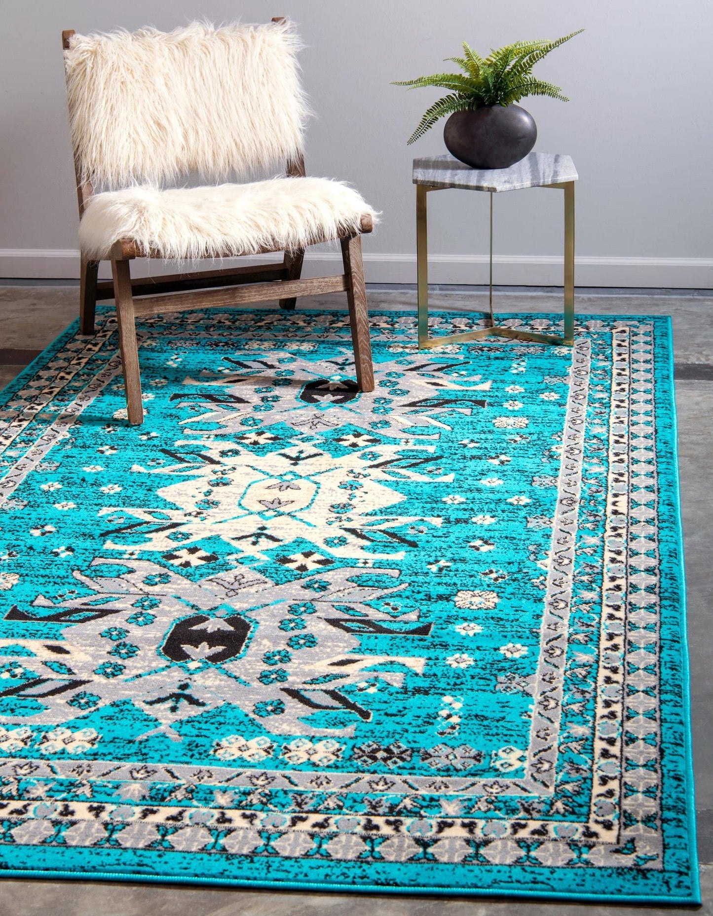 Unique Loom Taftan Collection Border Geometric Tribal Inspired Design Area Rug (5' 0 x 8' 0 Rectangular, Turquoise/ Gray)