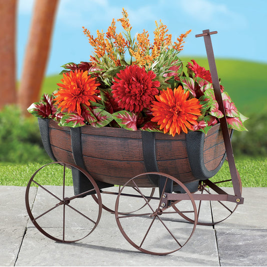 Collections Etc Faux Wood Nostalgic Barrel Wagon Planter with Handle and Drainage Hole at The Bottom
