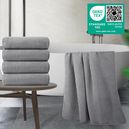 POLYTE Microfibre Oversize Quick Dry Lint Free Bath Towel, 152 x 76 cm, 4 Pack (Grey, Waffle Weave)