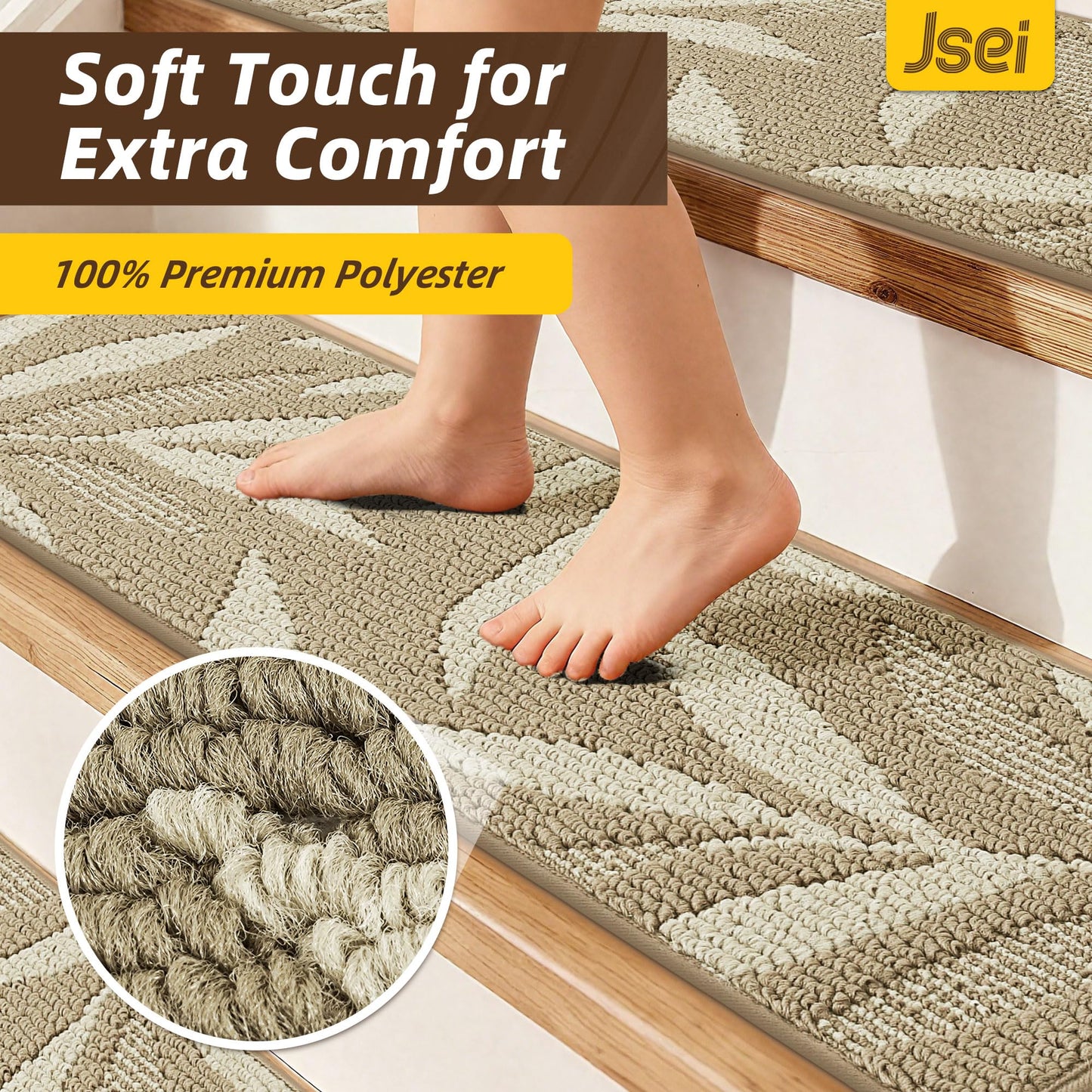 JSEI Stair Treads for Wooden Steps with 3D Leaf Pattern, 14 Pack 9" X 28" Carpet Stair Treads Non-Slip Indoor with TPE Backing, Machine Washable Stair Runners for Kids Elders and Pets, Beige