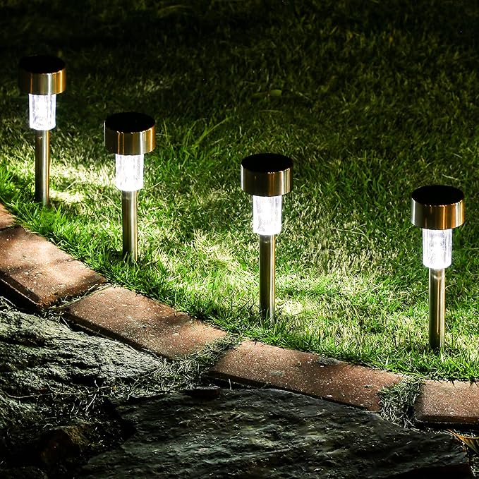 GIGALUMI Solar Lights Outdoor Waterproof,16 Pack Stainless Steel LED Solar Garden Lights for Patio, Lawn, Yard and Landscape(Cold White)