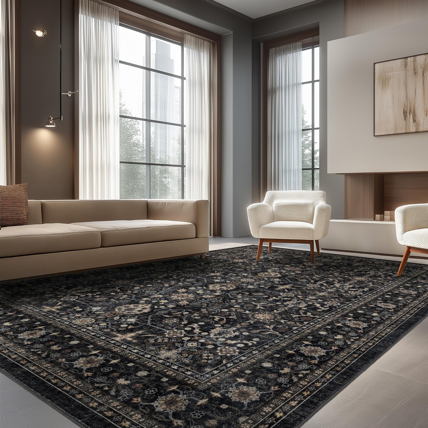 Ruaruarug Washable Area Rug 8x10 for Living Room, Bedroom, Ultra Soft Non Slip Stain & Fade Resistant, Pet & Kids Friendly, Suitable for High Traffic Areas Easy to Clean for Office Kitchen, Black Grey