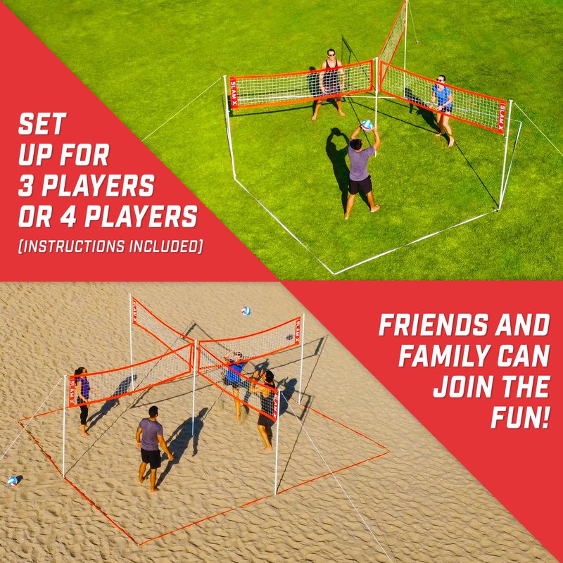 GoSports Slam X Huge 21 ft x 21 ft 4 Way Volleyball Game Set - Ultimate Backyard & Beach Game for All Skill Levels