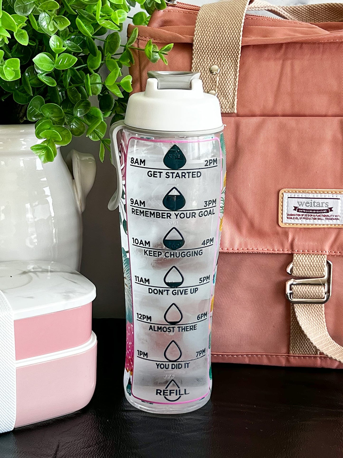 50 Strong Reusable Water Bottle with Time Markers – 30 oz BPA-Free Leakproof Bottle with Chug Cap & Easy-Carry Handle – Made in USA (Pretty Flowers)