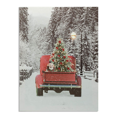 LED Wall Art - Lighted Red Pick-Up Truck Canvas Print - Light Up Picture with Winter Scene - Vintage Red Pickup Truck Carrying a Christmas Tree - Measures 15.75" X 11.75"