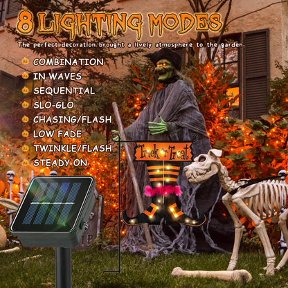 Qunlight Halloween Trick Or Treat Graden Flag lights without flag pole, Double Sided Witch Feet Flag Banner 17.1*17.2Inch ,16 Warm White LED with 8modes Solar Panel, Decorations for Outdoor,Yard ,Home