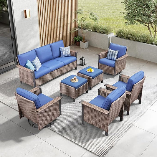 Outdoor Patio Furniture Set -7 Pieces All-Weather Wicker Swivel Patio Chairs Rattan 3 Seater Sofa with 2 Ottomans, Wicker Sofa Outdoor Furniture for Garden Porch Deck Backyard Brown/Blue