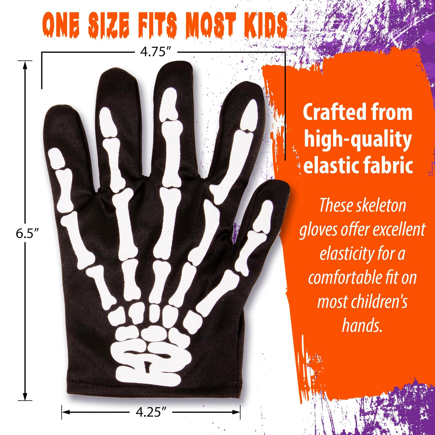Kangaroo Skeleton Gloves - Skull Hands Gloves for Kids - Bone Reaper Ghost Halloween Apparel Accessories - White Printed Black Skeleton Gloves