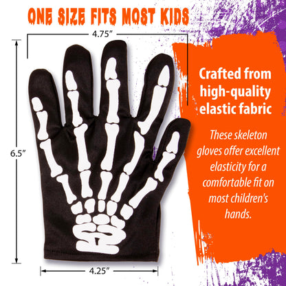 Kangaroo Skeleton Gloves - Skull Hands Gloves for Kids - Bone Reaper Ghost Halloween Apparel Accessories - White Printed Black Skeleton Gloves