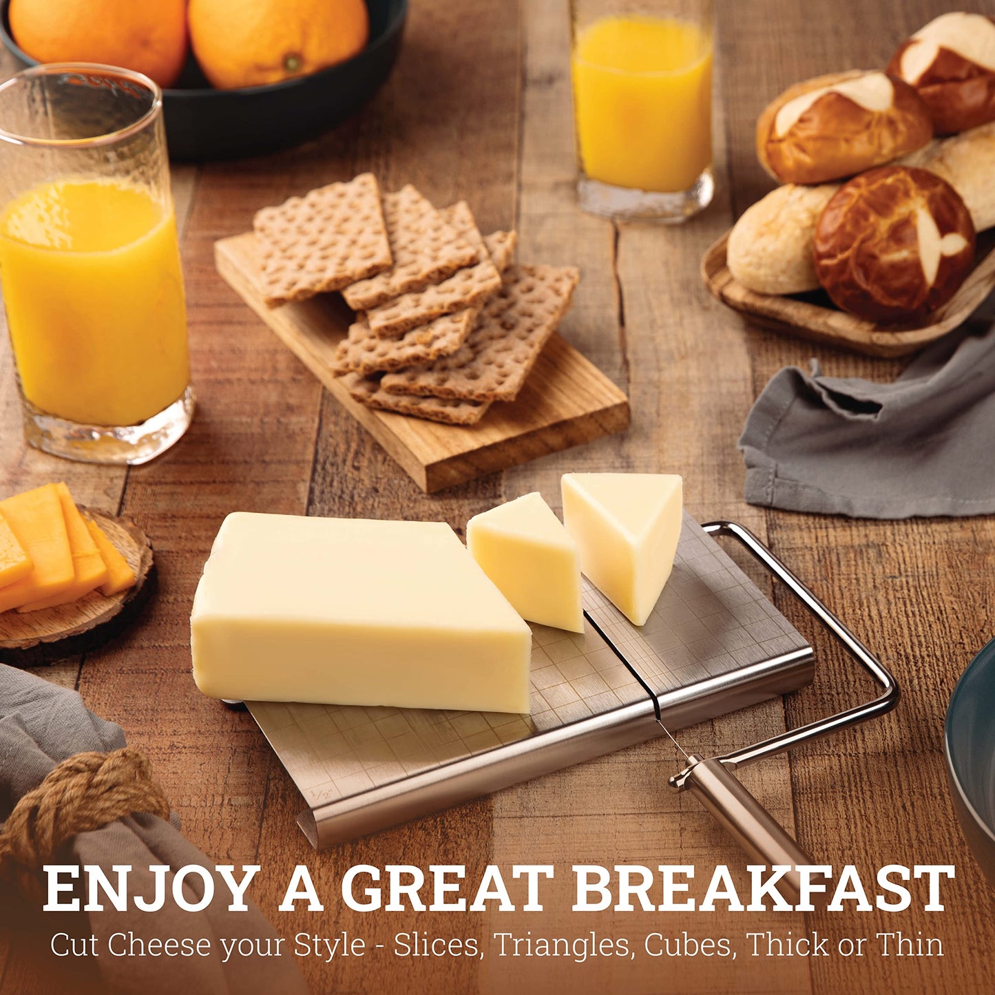 Cheese Slicer with Wire for Block Cheese - Adjustable Stainless Steel Cheese Cutter with Precision Scale, Ergonomic Design, 8 Replacement Wires - Perfect for Cheese Boards, Charcuterie, Kitchen Gadget