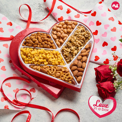 NUT CRAVINGS - Valentines Day Mixed Nuts Heart Shaped Gift Basket, Love in A Box (6 Assortments) Romantic Food Arrangement, Healthy Snack Care Package, Food Assortments