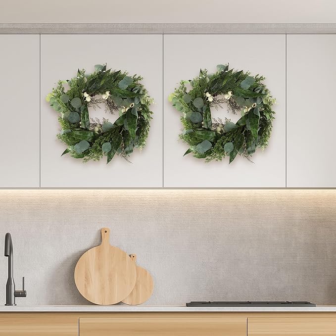 Pure Garden Artificial Wreath Set - Two 20-Inch Eucalyptus Wreaths for Spring, Summer or Fall Home Decor - Indoors or Covered Patio