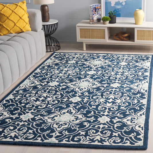 SAFAVIEH Roslyn Collection Area Rug - 5' x 8', Navy & Light Blue, Handmade Floral Wool, Ideal for High Traffic Areas in Living Room, Bedroom (ROS603N)
