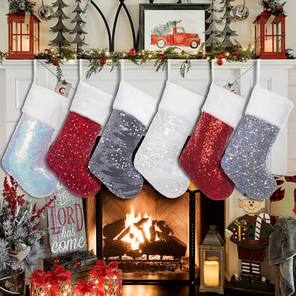 BHD BEAUTY Christmas Stockings 6 Pack for Family 20 inches Red/White/Grey Sequin Sparkle Glitter with Large Plush Cuff Classic Fireplace Tree Decorations Hanging Ornament for Xmas Season Party Decor