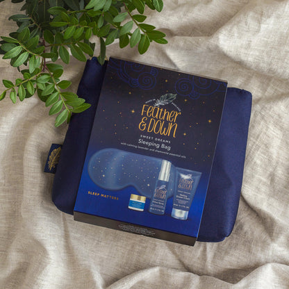 Feather & Down Sleeping Bag Gift Set (luxury eye mask, sleep balm, pillow spray and shower cream) - with calming lavender & chamomile essential oils. Vegan Friendly & Cruelty Free.