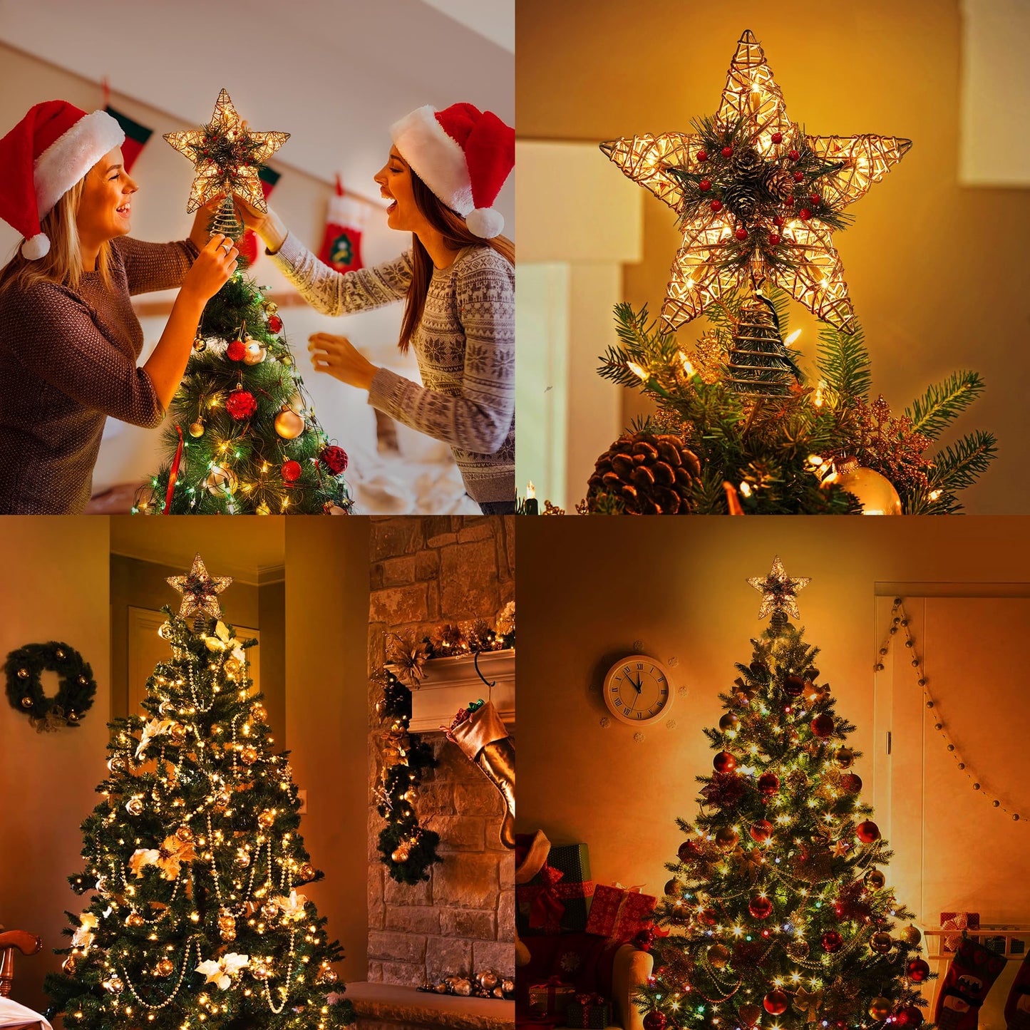 BrizLabs Christmas Tree Topper, 11“ Rattan Star Treetop with 10 Warm Lights, 120V UL Certified Christmas Tree-top Star, Vine Christmas Tree Star Topper for Christmas Indoor Party Home Decor