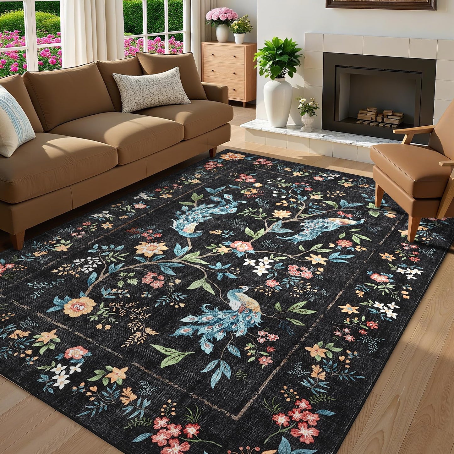 GarveeHome 5x7 Area Rug Floral Peacock Black Washable Rugs for Living Room Bedroom, Soft Low Pile Non Slip Accent Floor Mat Animal Print Throw Rug Indoor Carpet Dining Room Playroom