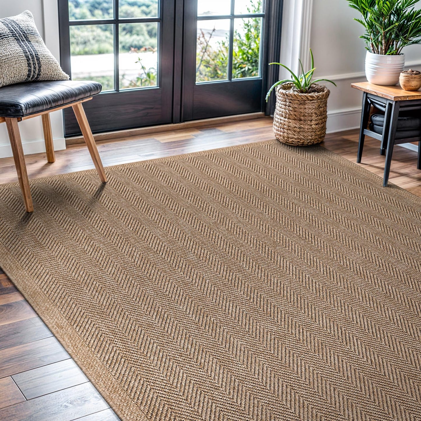 CAMILSON Easy Jute Rug 4x6, Indoor Outdoor Natural Color Fiber Area Rugs for Living Room Patio and Kitchen Rug Herringbone Seagrass Woven Design Easy - Cleaning Washable Outside Carpet Alfombras 4 x 6