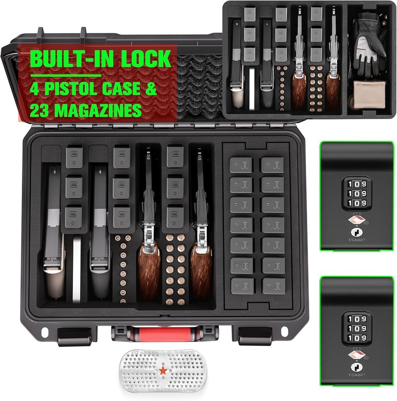 Pistol Gun Case - Shockproof & Waterproof Hard Case with Pre-Cut Foam | Holds Multiple Handguns, TSA Approved Locks