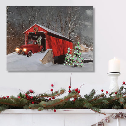 BANBERRY DESIGNS LED Wall Art - Lighted Red Truck Covered Bridge Canvas Print - Christmas Picture with LED and Fiber Optic Lights - Winter Scene Wall Art - Measures 11.75" X 15.75"