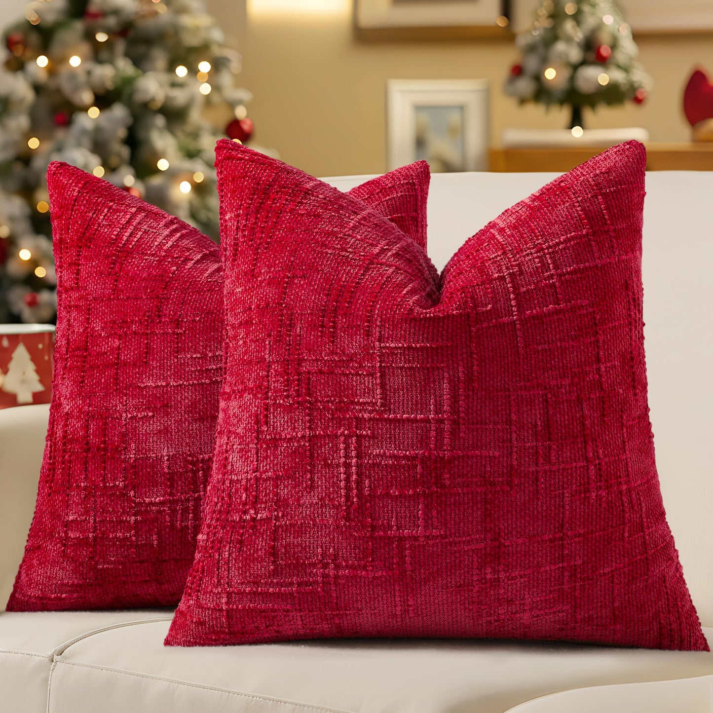 decorUhome Christmas Red Chenille Throw Pillow Covers 18x18 Set of 2 Thick Textured Slubby Couch Pillow Covers Farmhouse Accent Modern Neutral Decorative Pillow Cases for Bed Sofa Living Room