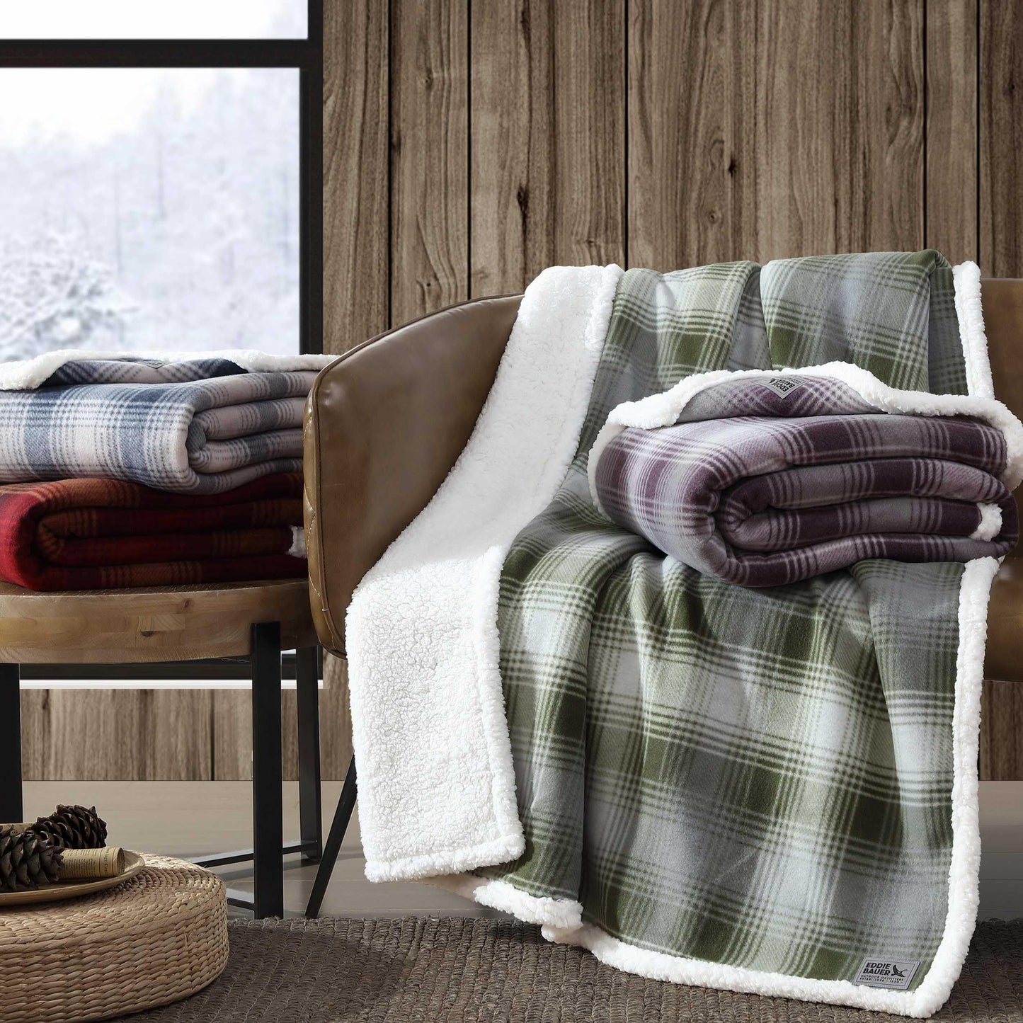 Eddie Bauer - Throw Blanket, Brushed Fleece & Plush Sherpa Soft Blanket, Throw Blanket for Couch & Bed (Nordic Plaid Green, 50" x 70")